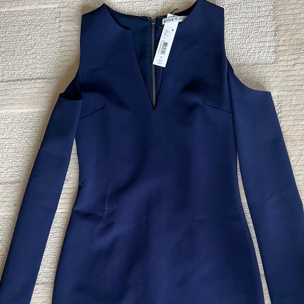 Navy Alice and Olivia open shoulder dress